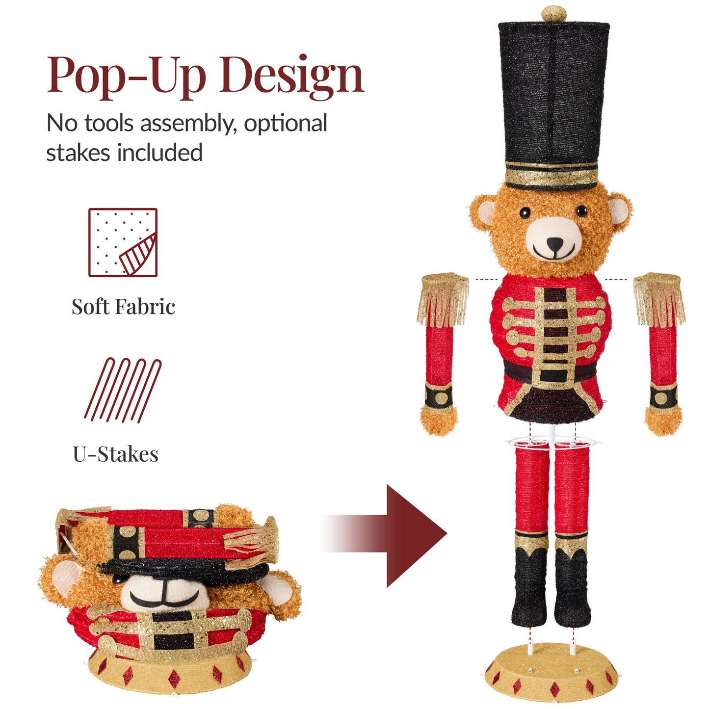 Pop Up Christmas Bear Nutcracker w/150 LED Lights for Outdoor Indoor 5ft