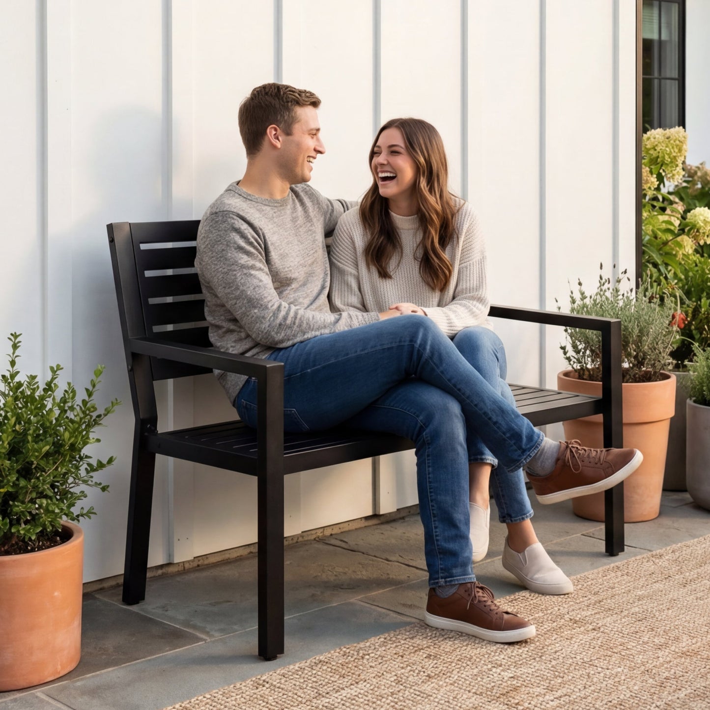 Outdoor Metal Patio Garden Bench 790lb Capacity Steel Slatted Seat