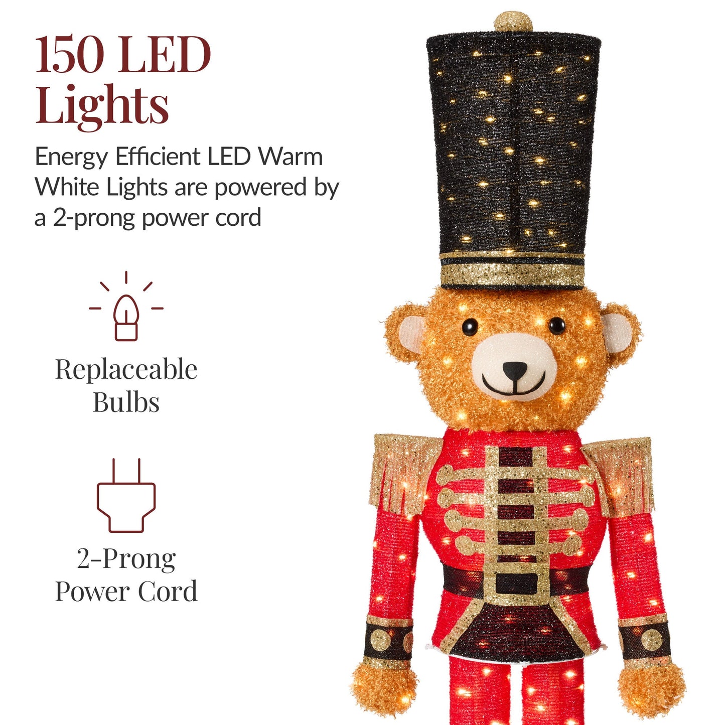 Pop Up Christmas Bear Nutcracker w/150 LED Lights for Outdoor Indoor 5ft
