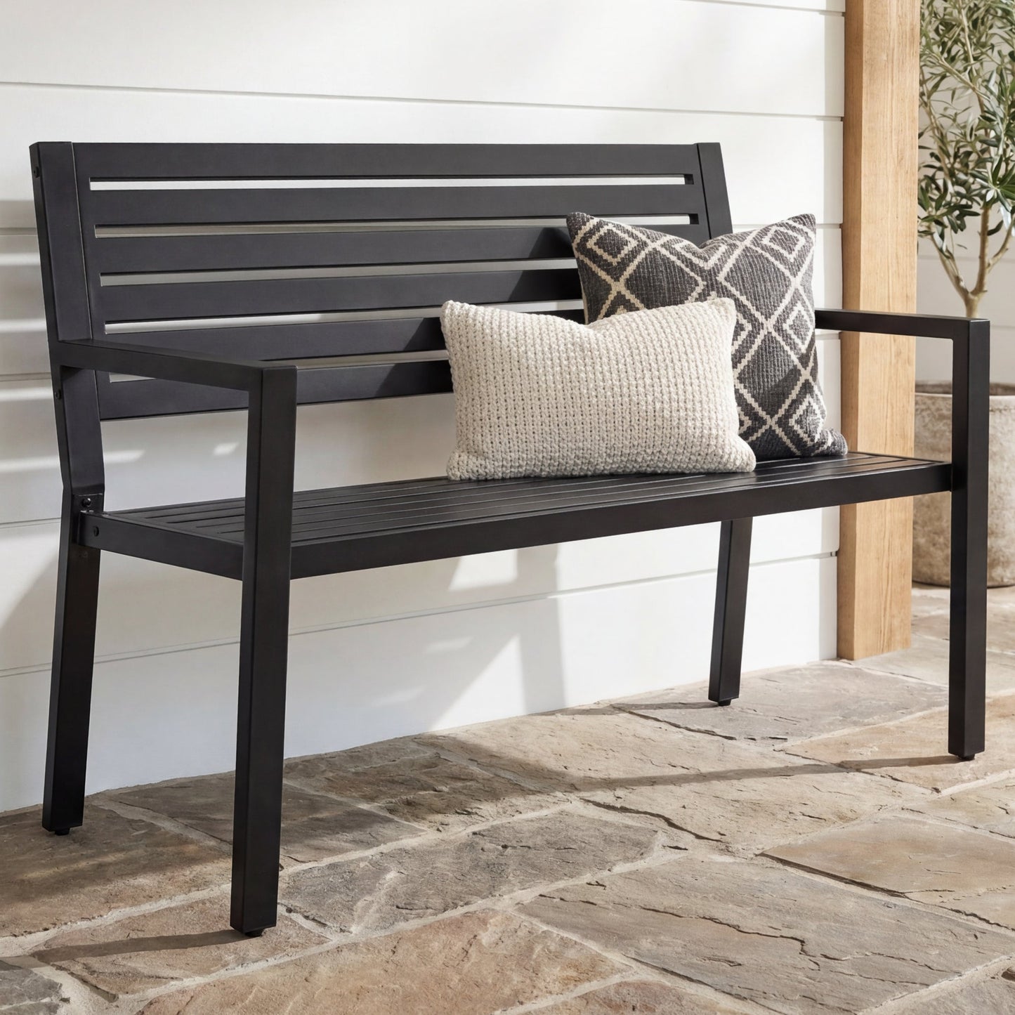 Outdoor Metal Patio Garden Bench 790lb Capacity Steel Slatted Seat