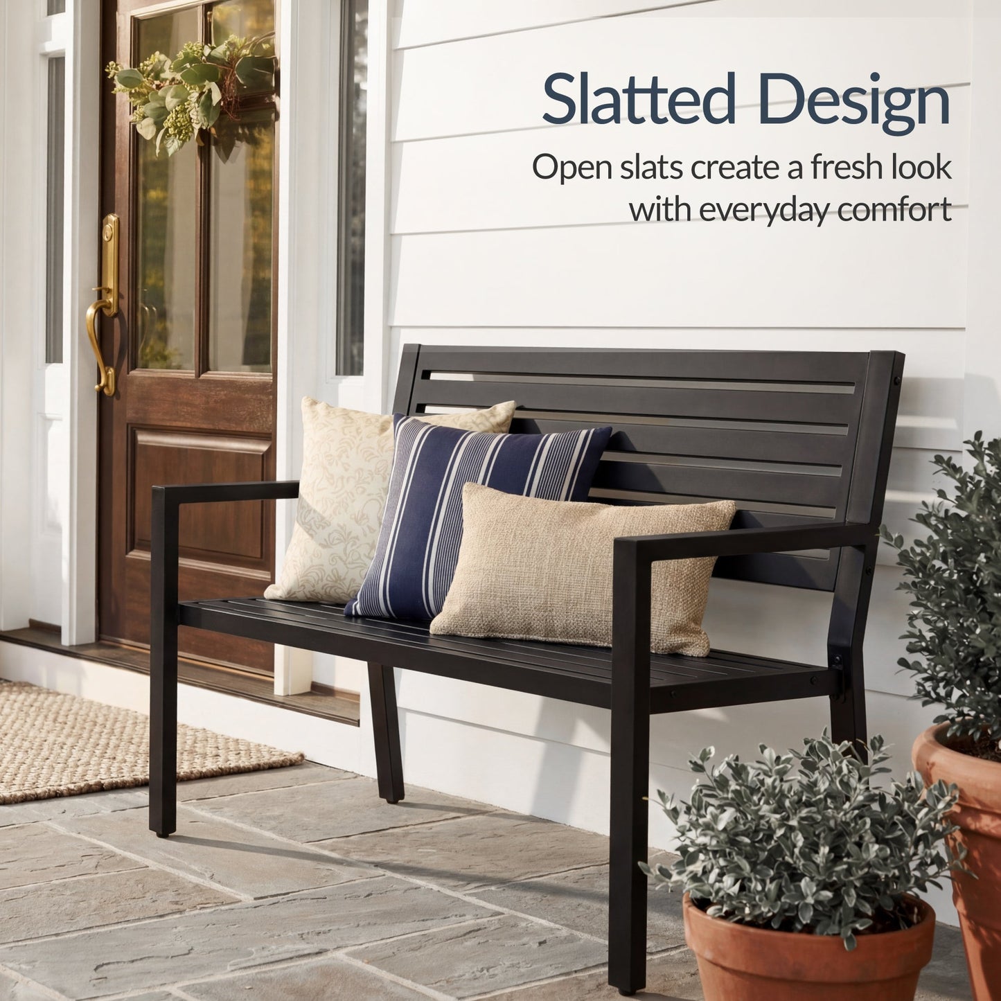 Outdoor Metal Patio Garden Bench 790lb Capacity Steel Slatted Seat