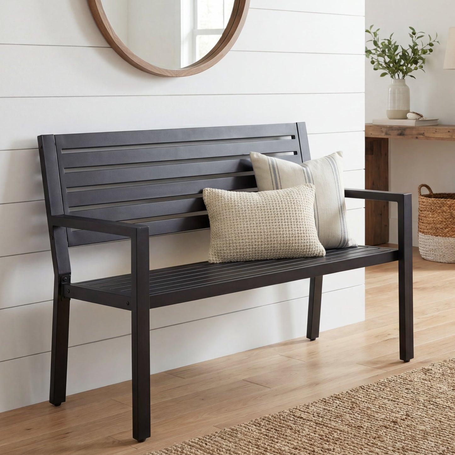 Outdoor Metal Patio Garden Bench 790lb Capacity Steel Slatted Seat