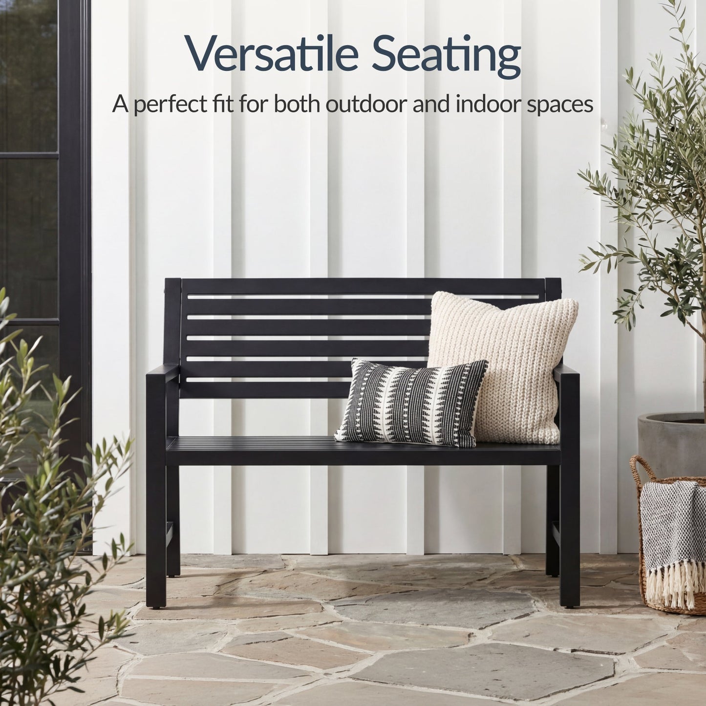 Outdoor Metal Patio Garden Bench 790lb Capacity Steel Slatted Seat