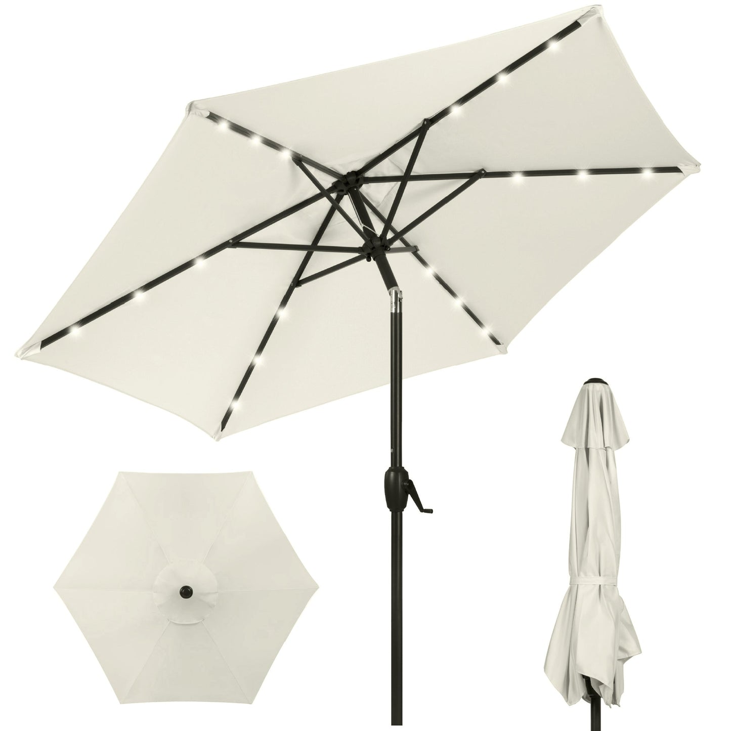 Outdoor Solar Patio Umbrella w/ Push Button Tilt Crank Lift - 7.5ft