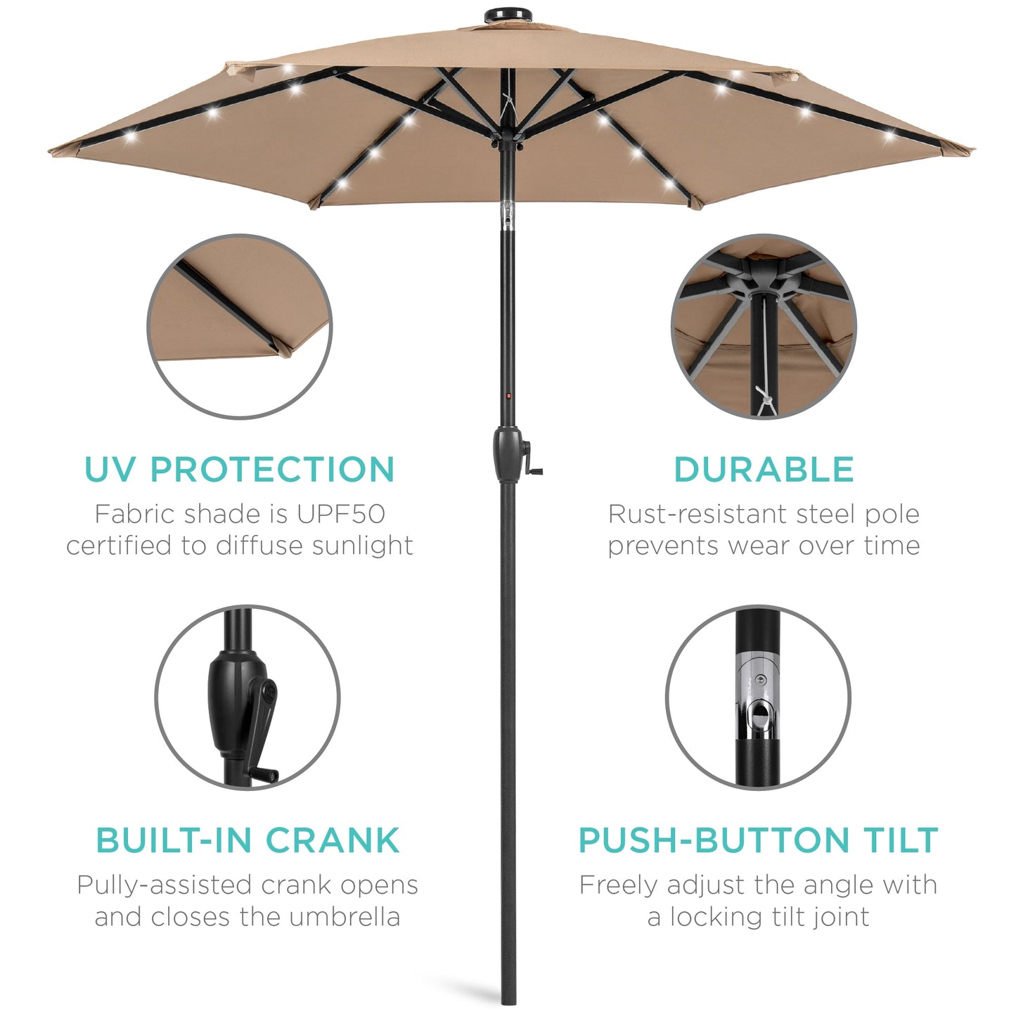 Outdoor Solar Patio Umbrella w/ Push Button Tilt Crank Lift - 7.5ft