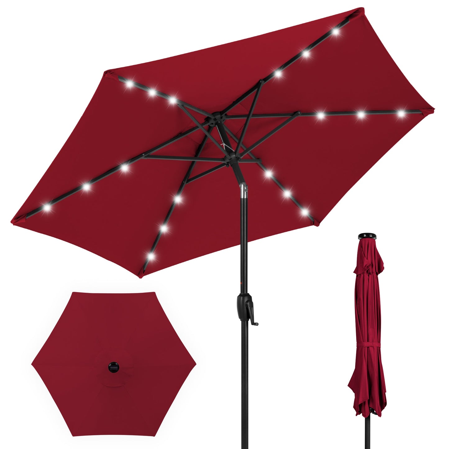 Outdoor Solar Patio Umbrella w/ Push Button Tilt Crank Lift - 7.5ft