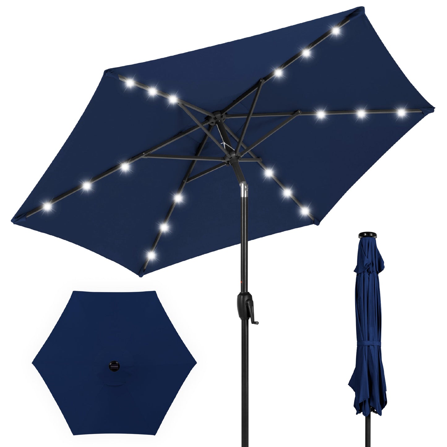 Outdoor Solar Patio Umbrella w/ Push Button Tilt Crank Lift - 7.5ft