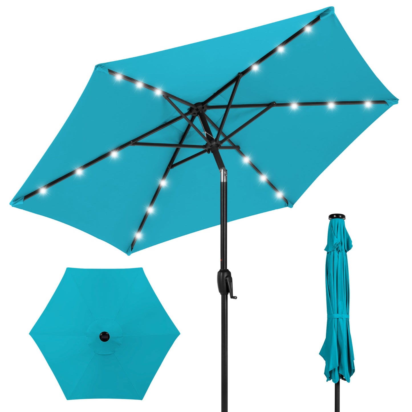 Outdoor Solar Patio Umbrella w/ Push Button Tilt Crank Lift - 7.5ft