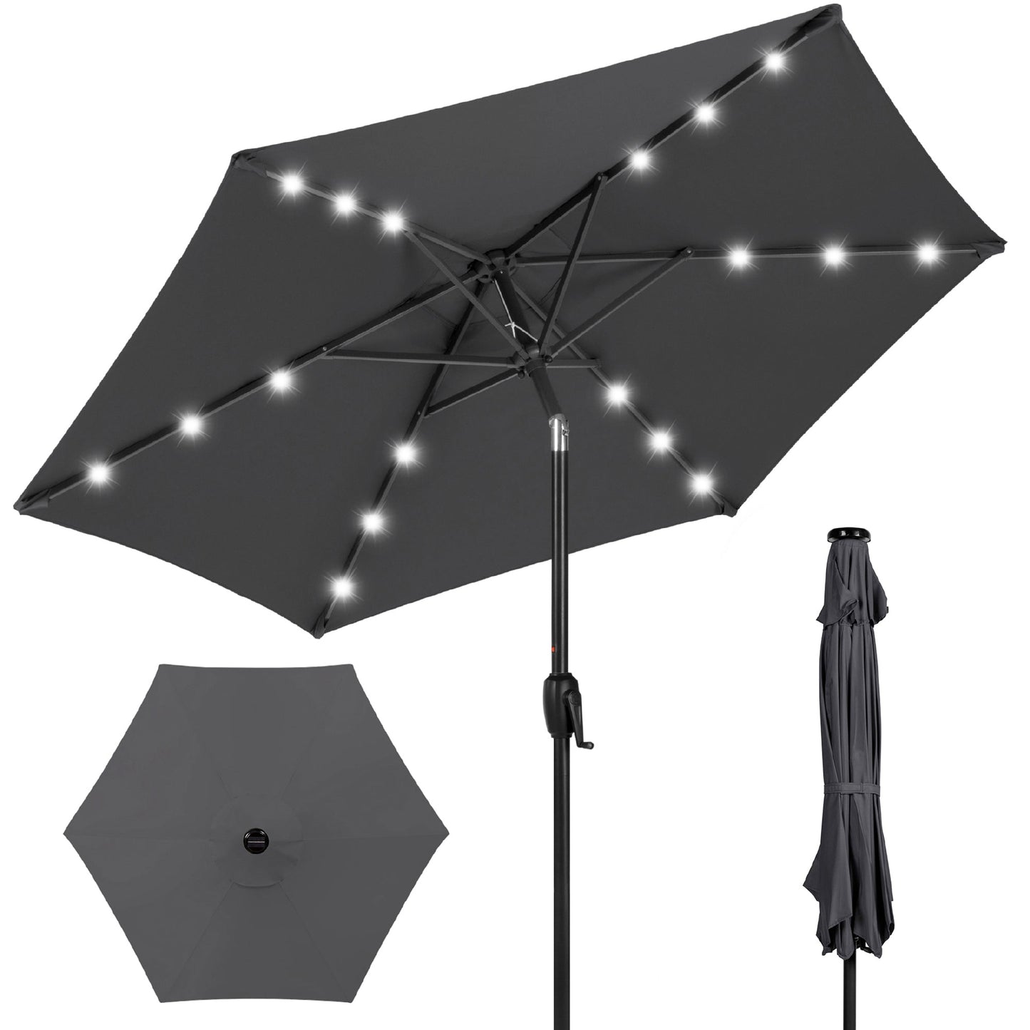 Outdoor Solar Patio Umbrella w/ Push Button Tilt Crank Lift - 7.5ft