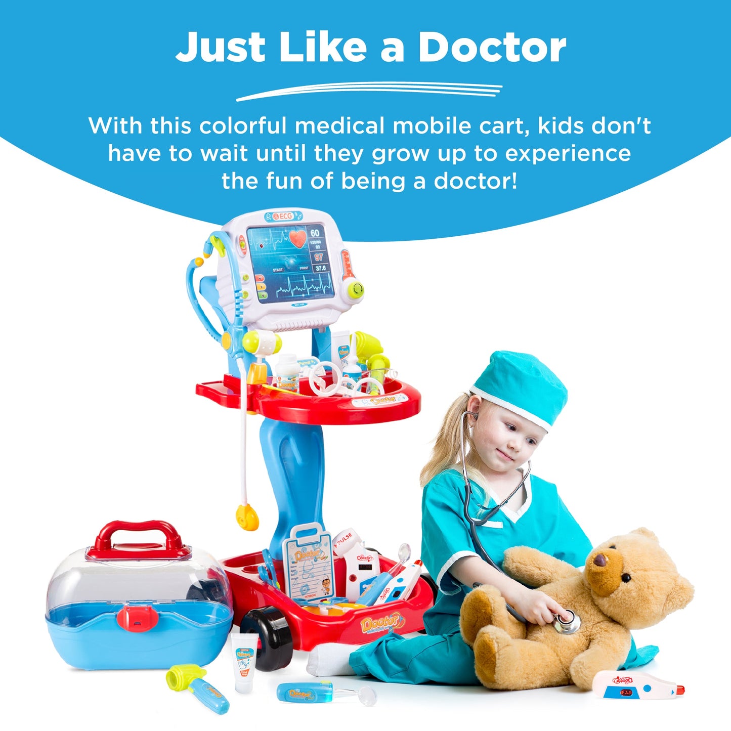 Play Doctor Kit for Kids Boys & Girls with 17 Accessories Mobile Cart