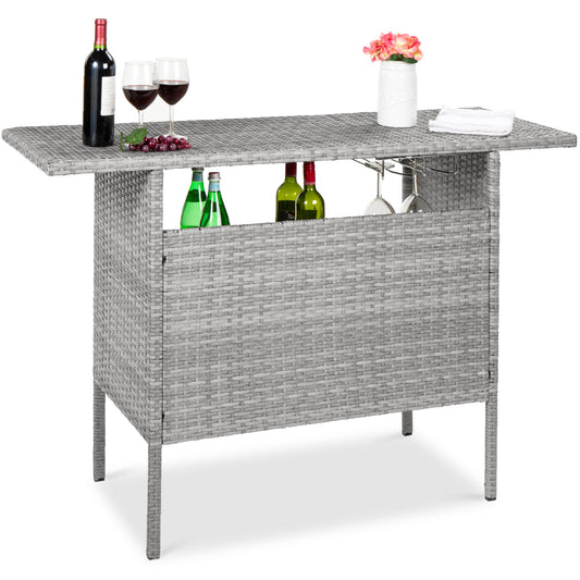 Outdoor Wicker Bar Counter Table w/ 2 Steel Shelves 2 Rails