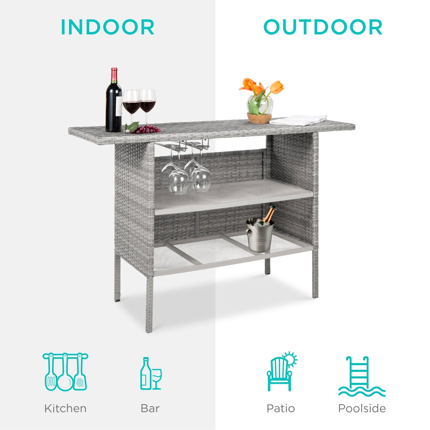 Outdoor Wicker Bar Counter Table w/ 2 Steel Shelves 2 Rails