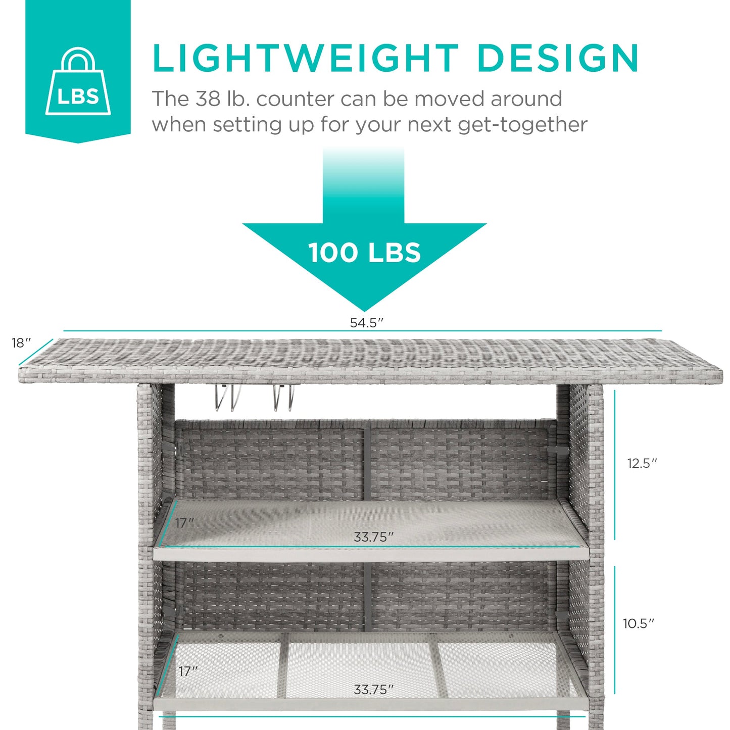 Outdoor Wicker Bar Counter Table w/ 2 Steel Shelves 2 Rails