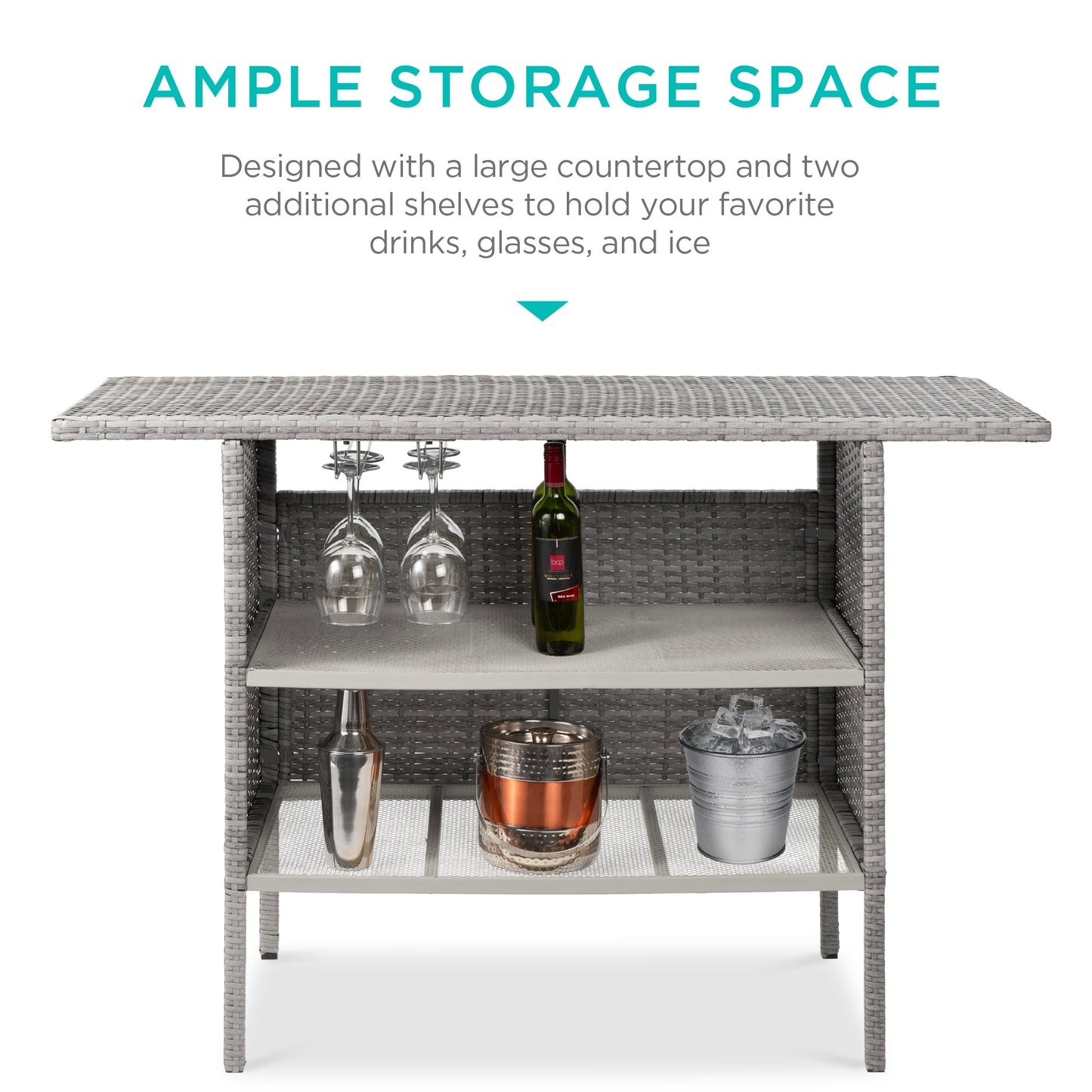Outdoor Wicker Bar Counter Table w/ 2 Steel Shelves 2 Rails