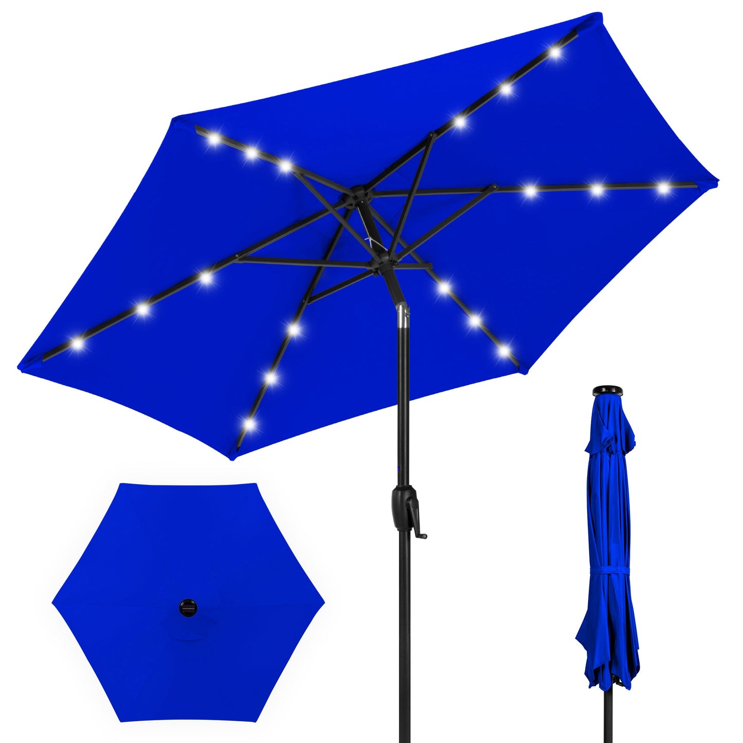Outdoor Solar Patio Umbrella w/ Push Button Tilt Crank Lift - 7.5ft