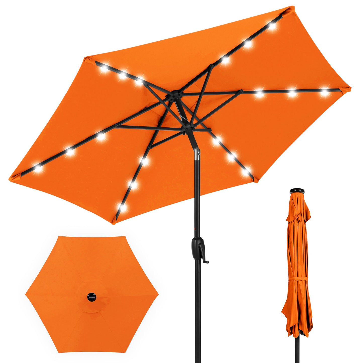Outdoor Solar Patio Umbrella w/ Push Button Tilt Crank Lift - 7.5ft