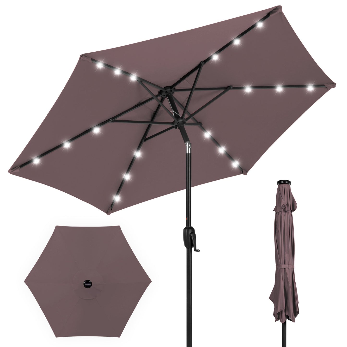 Outdoor Solar Patio Umbrella w/ Push Button Tilt Crank Lift - 7.5ft