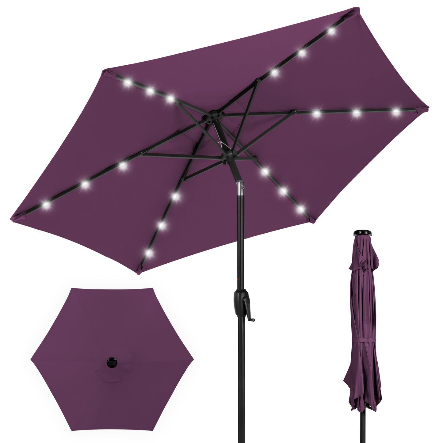 Outdoor Solar Patio Umbrella w/ Push Button Tilt Crank Lift - 7.5ft