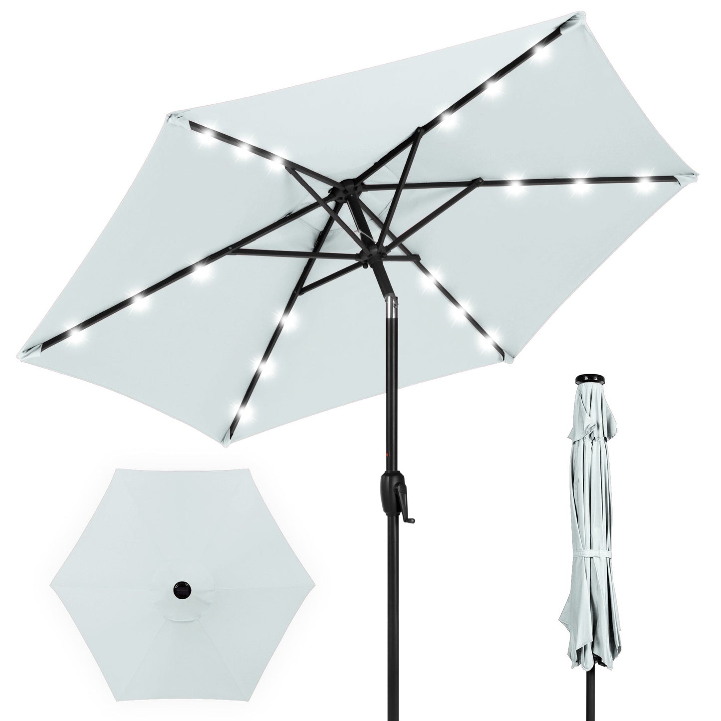 Outdoor Solar Patio Umbrella w/ Push Button Tilt Crank Lift - 7.5ft