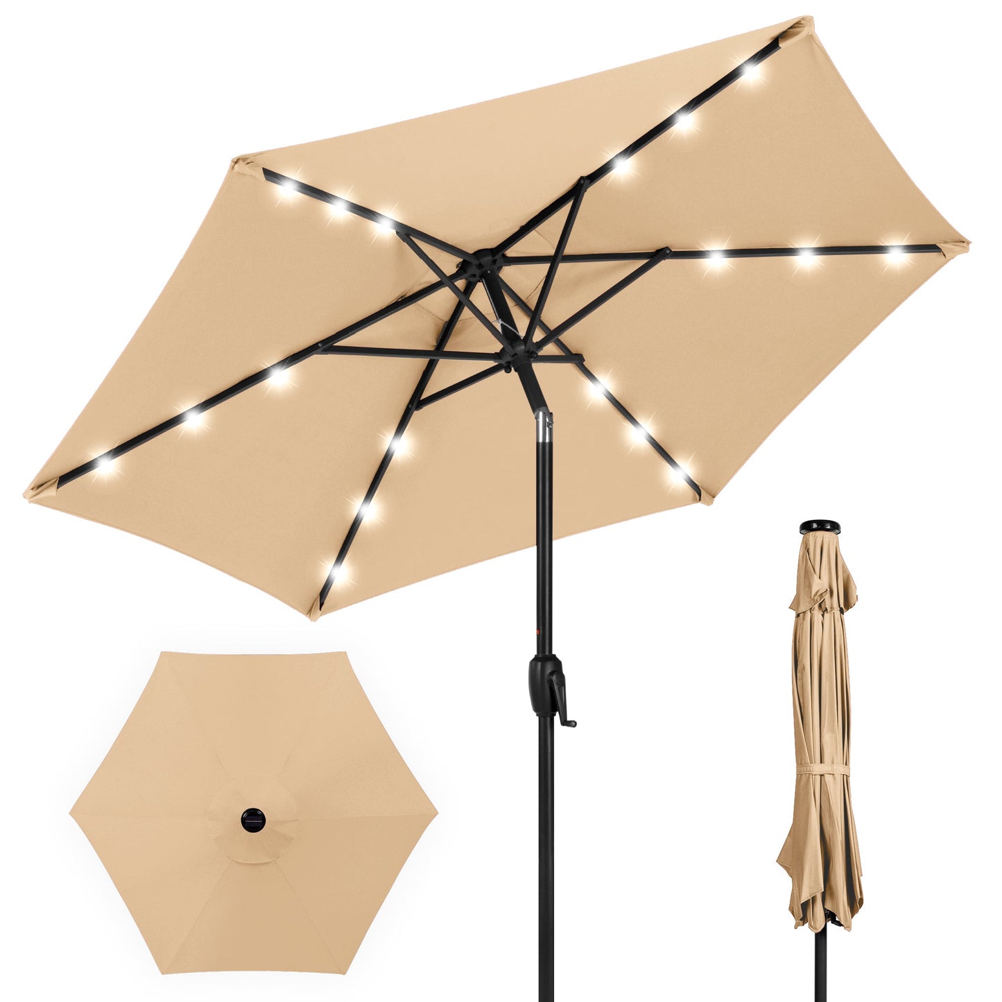 Outdoor Solar Patio Umbrella w/ Push Button Tilt Crank Lift - 7.5ft