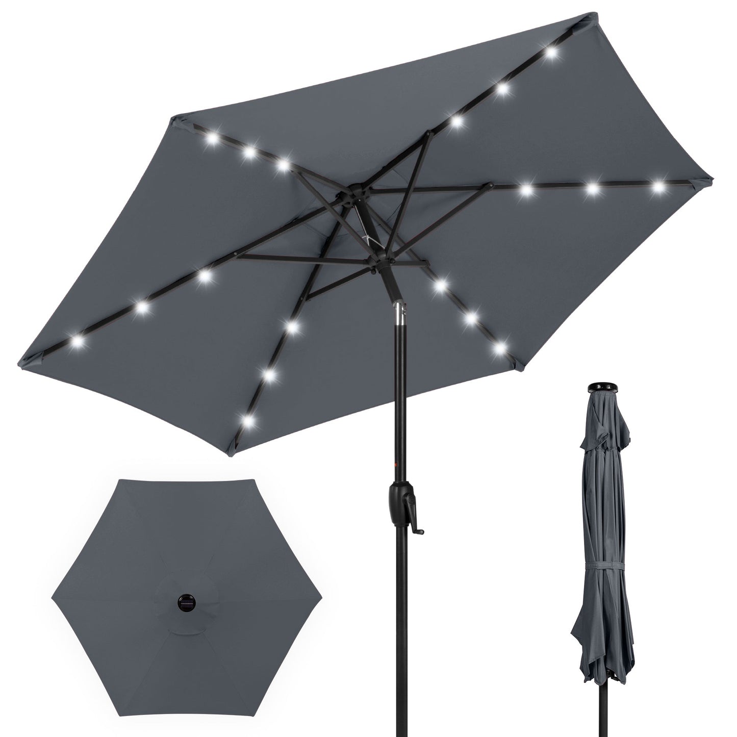 Outdoor Solar Patio Umbrella w/ Push Button Tilt Crank Lift - 7.5ft