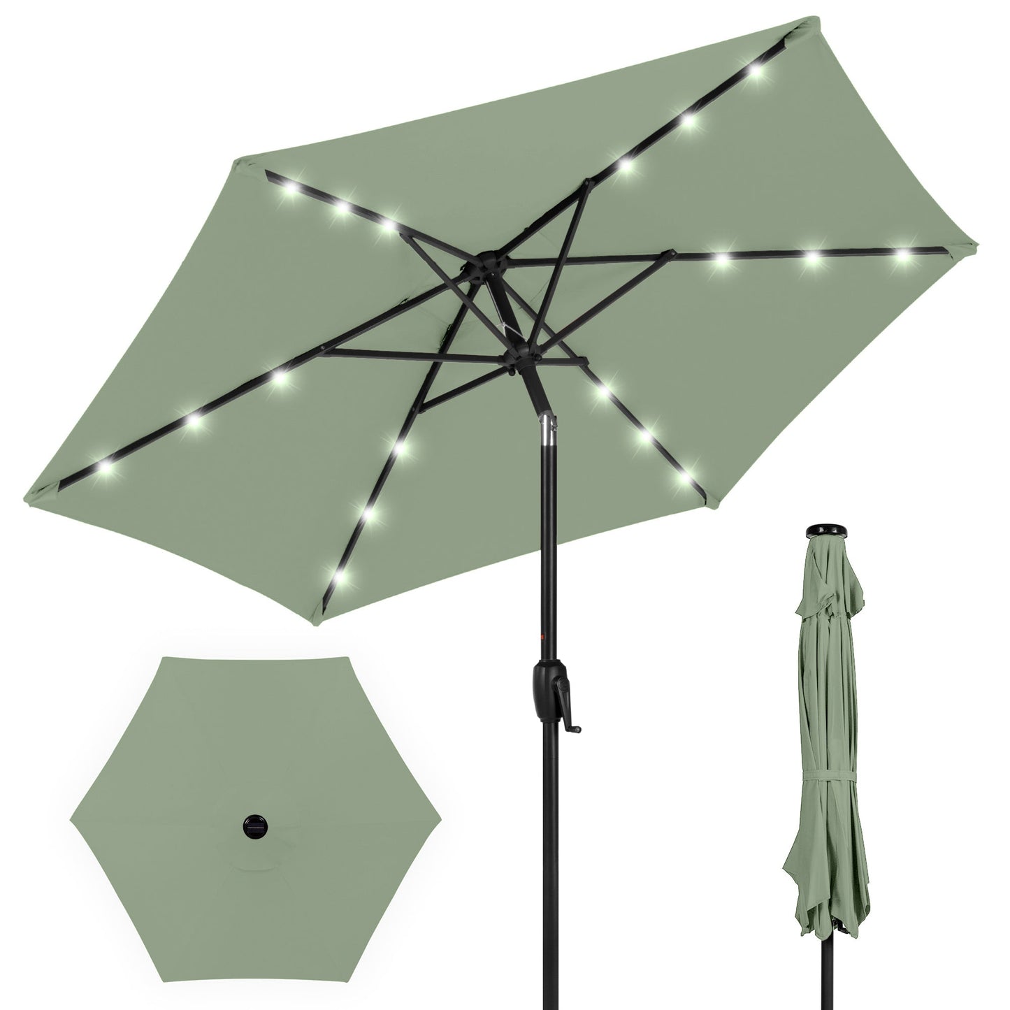 Outdoor Solar Patio Umbrella w/ Push Button Tilt Crank Lift - 7.5ft