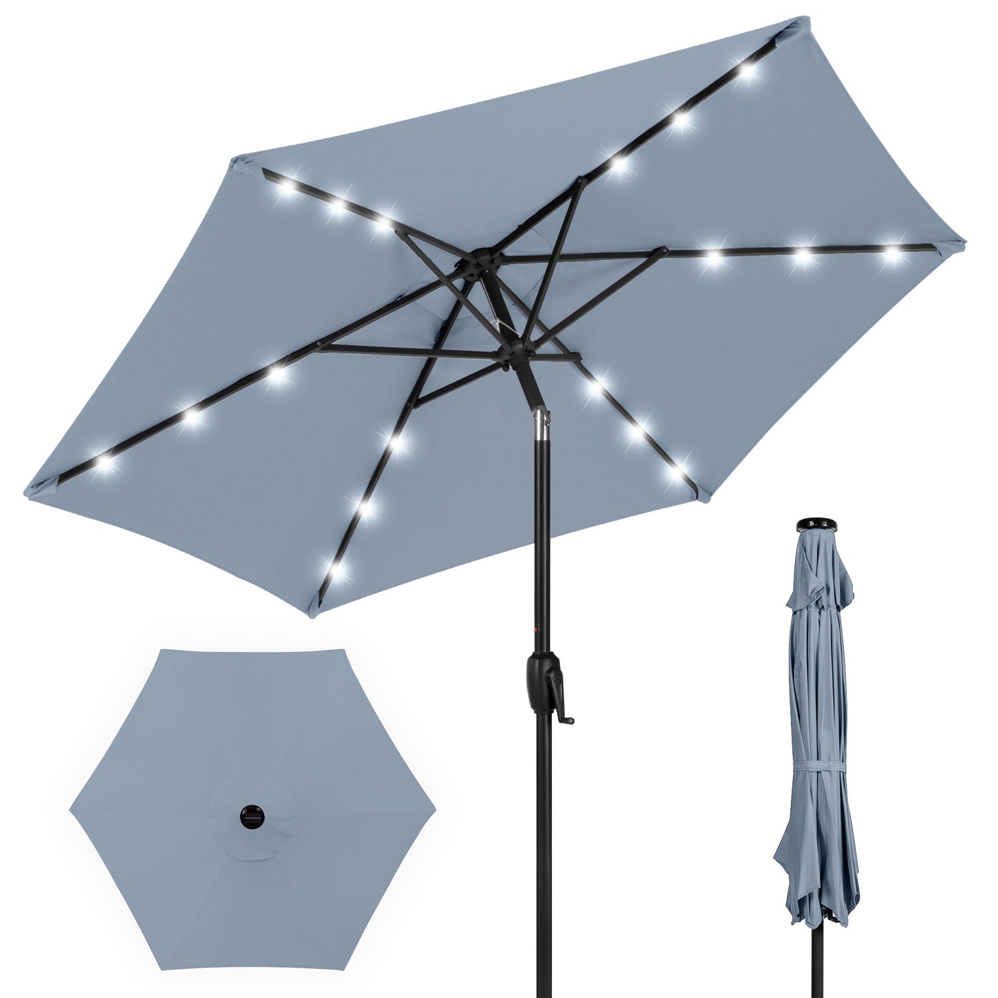 Outdoor Solar Patio Umbrella w/ Push Button Tilt Crank Lift - 7.5ft