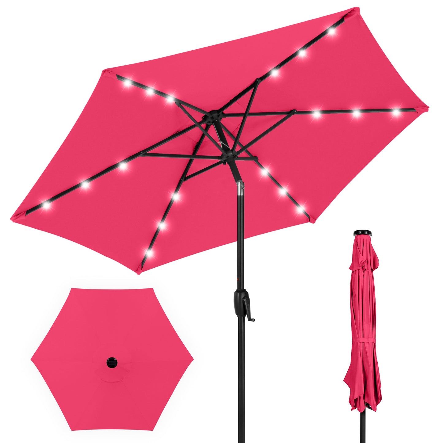 Outdoor Solar Patio Umbrella w/ Push Button Tilt Crank Lift - 7.5ft