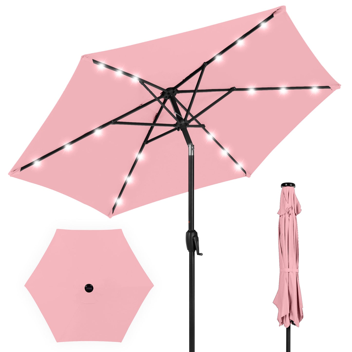 Outdoor Solar Patio Umbrella w/ Push Button Tilt Crank Lift - 7.5ft