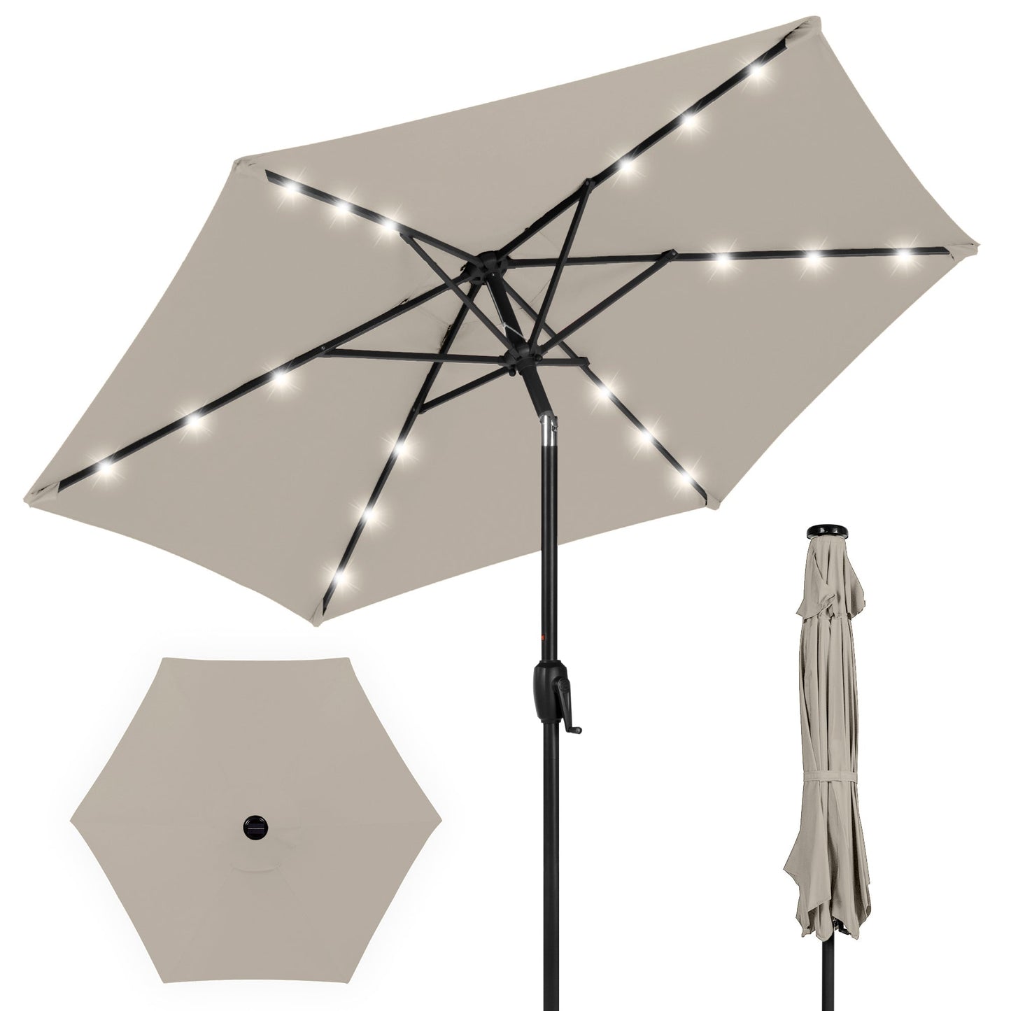 Outdoor Solar Patio Umbrella w/ Push Button Tilt Crank Lift - 7.5ft