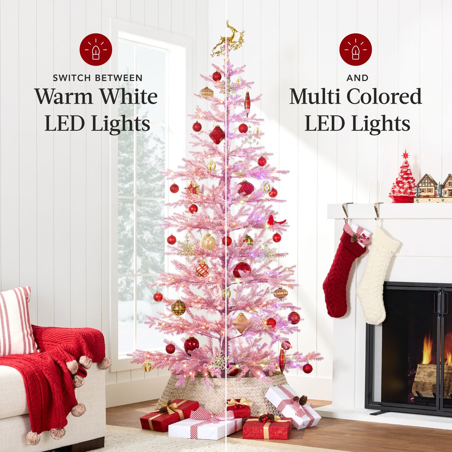 Pink Pre-Lit Sparse Flocked Christmas Tree w/ 2-in-1 LEDs Cordless Connection