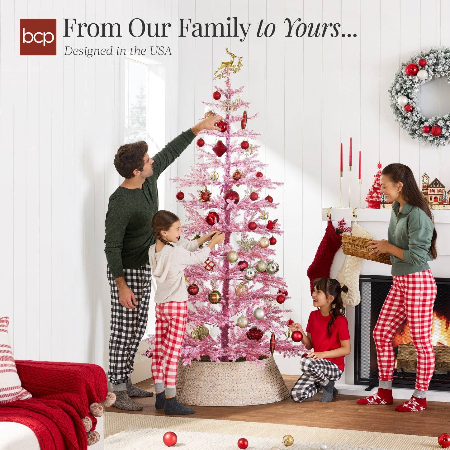 Pink Pre-Lit Sparse Flocked Christmas Tree w/ 2-in-1 LEDs Cordless Connection
